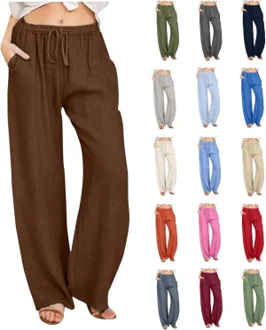 Womens Linen Palazzo Pants Drawstring Beach Flowy Pants Wide Leg Lightweight Summer Pants Cute Cotton Loose Trousers