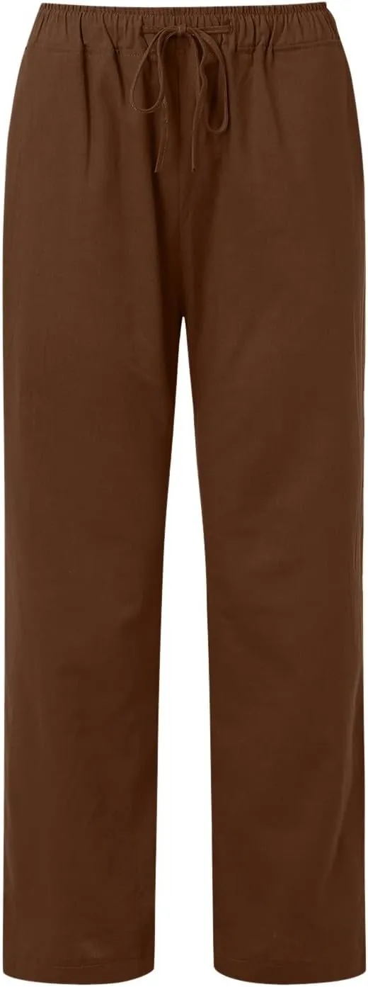 Womens Linen Palazzo Pants Drawstring Beach Flowy Pants Wide Leg Lightweight Summer Pants Cute Cotton Loose Trousers