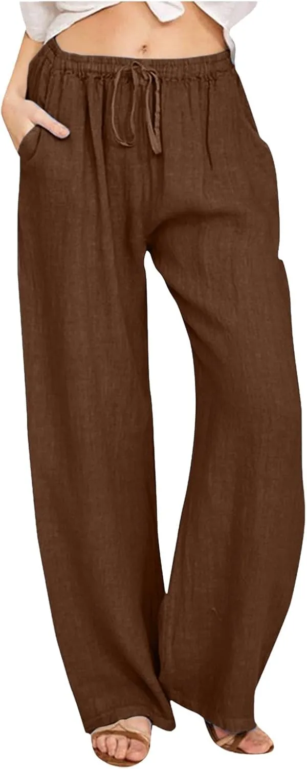 Womens Linen Palazzo Pants Drawstring Beach Flowy Pants Wide Leg Lightweight Summer Pants Cute Cotton Loose Trousers