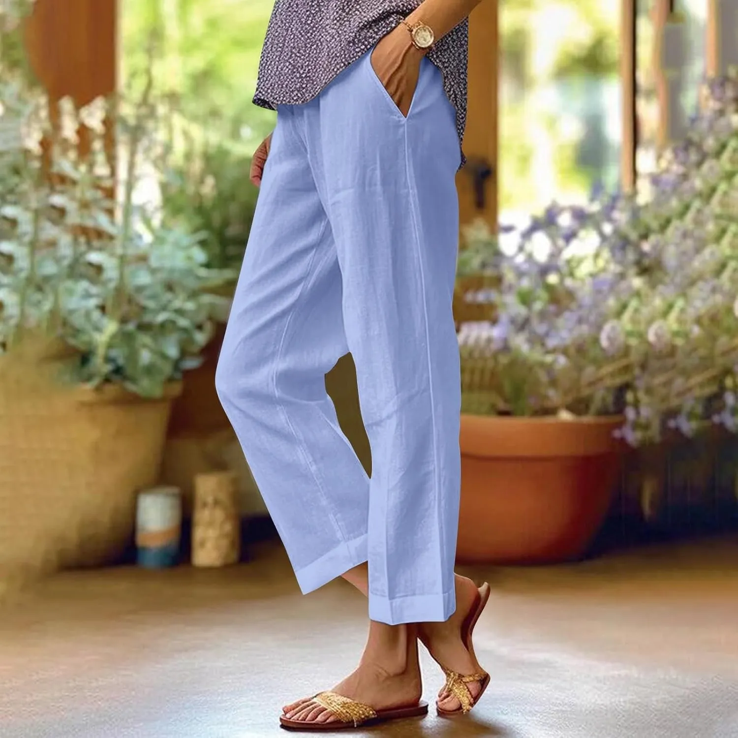 Womens Linen Pants with Pockets Elastic High Waist Straight Leg Pant Plus Casua Lightweight Summer Comfort Trousers