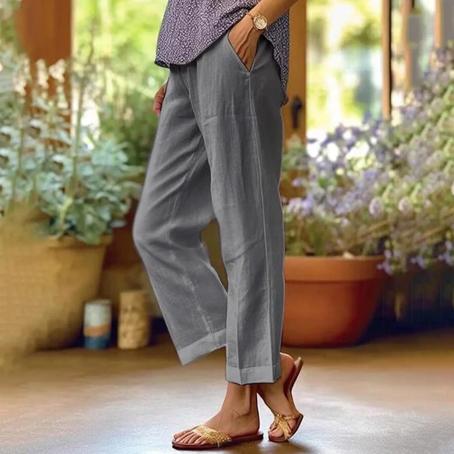 Womens Linen Pants with Pockets Elastic High Waist Straight Leg Pant Plus Casua Lightweight Summer Comfort Trousers