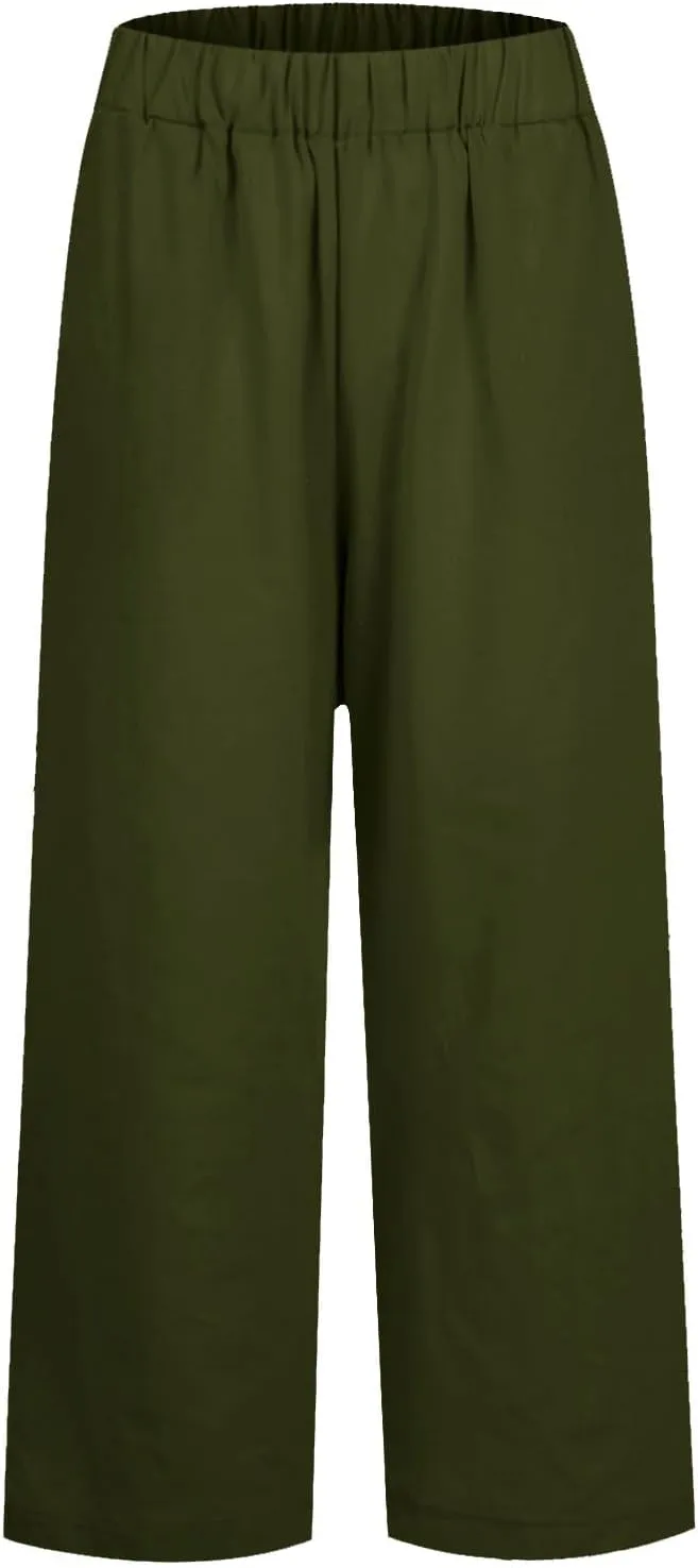 Womens Linen Pants with Pockets Elastic High Waist Straight Leg Pant Plus Casua Lightweight Summer Comfort Trousers