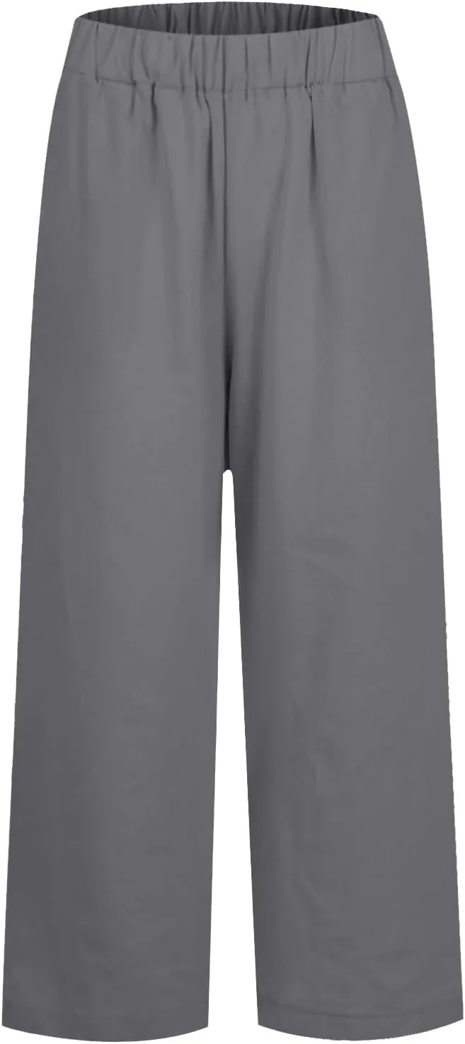 Womens Linen Pants with Pockets Elastic High Waist Straight Leg Pant Plus Casua Lightweight Summer Comfort Trousers