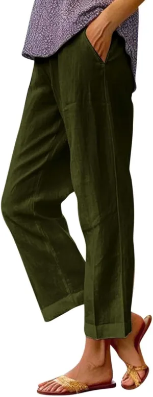Womens Linen Pants with Pockets Elastic High Waist Straight Leg Pant Plus Casua Lightweight Summer Comfort Trousers