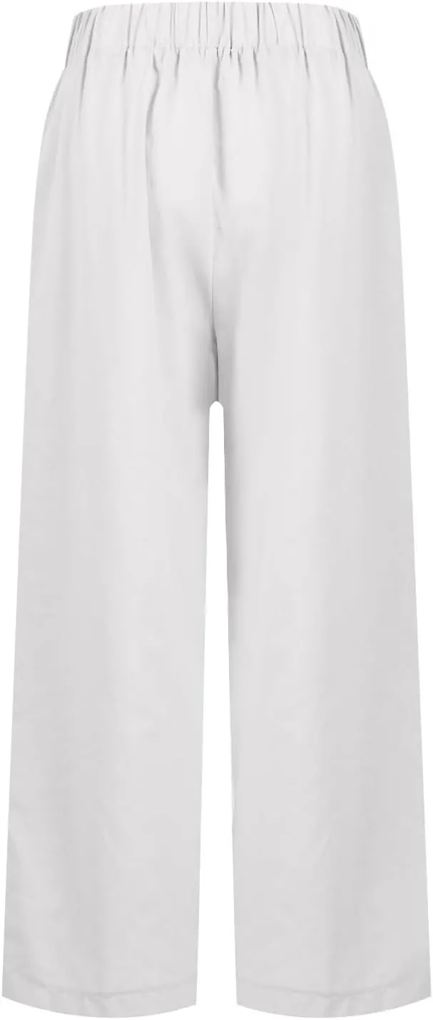 Womens Linen Pants with Pockets Elastic High Waist Straight Leg Pant Plus Casua Lightweight Summer Comfort Trousers
