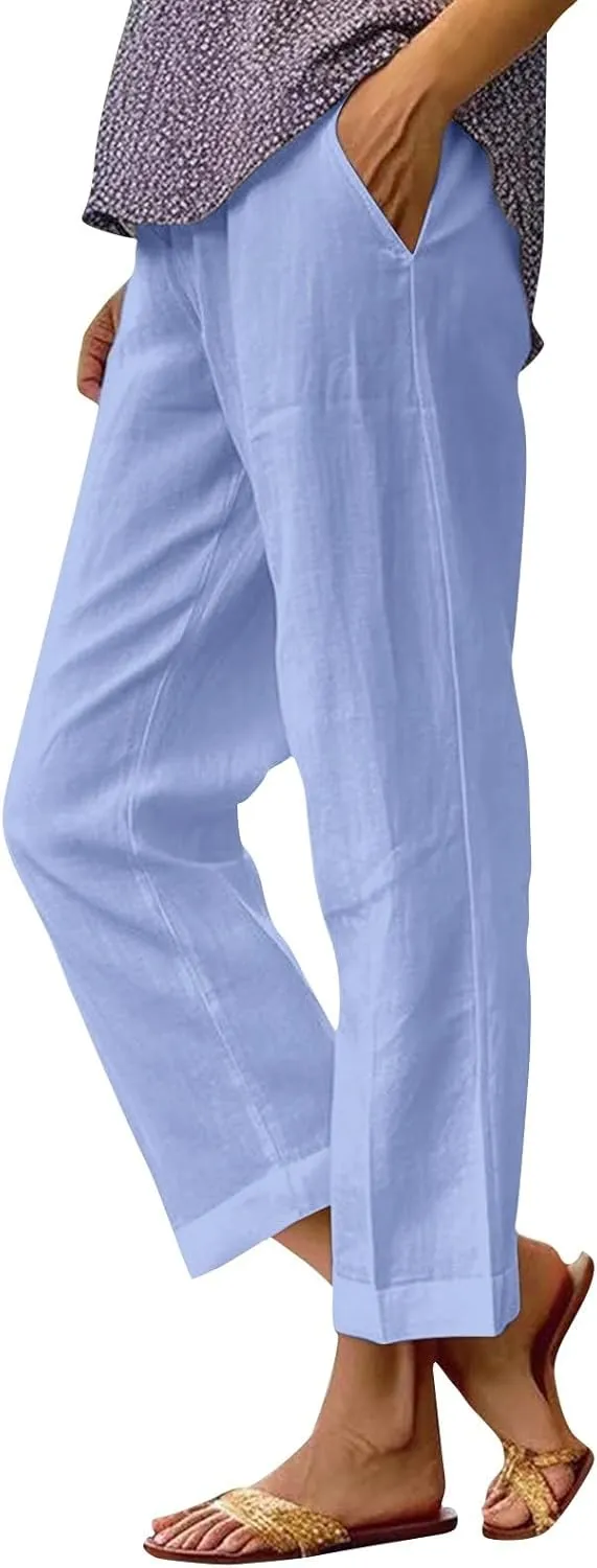 Womens Linen Pants with Pockets Elastic High Waist Straight Leg Pant Plus Casua Lightweight Summer Comfort Trousers