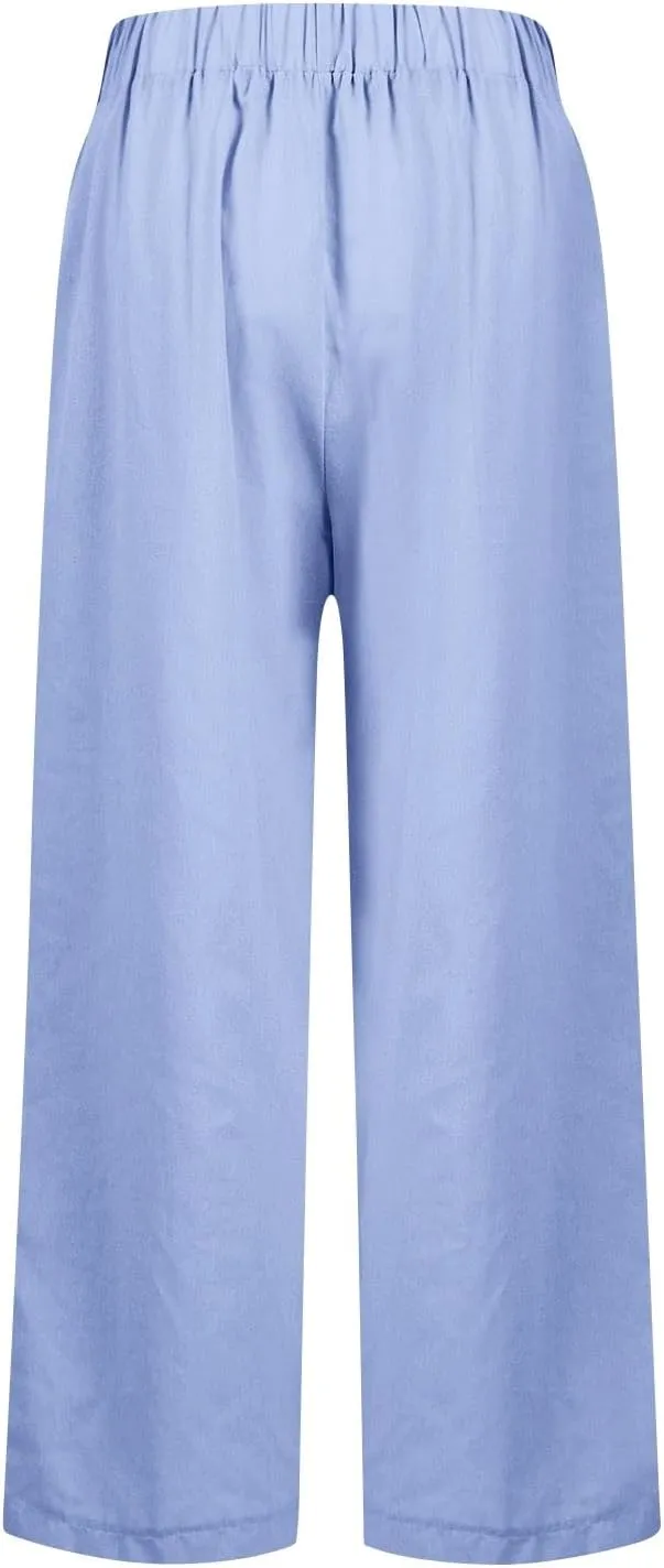 Womens Linen Pants with Pockets Elastic High Waist Straight Leg Pant Plus Casua Lightweight Summer Comfort Trousers