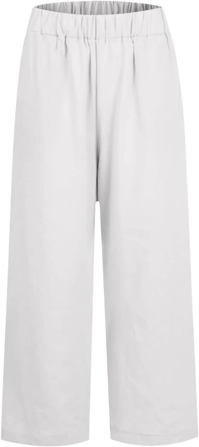 Womens Linen Pants with Pockets Elastic High Waist Straight Leg Pant Plus Casua Lightweight Summer Comfort Trousers