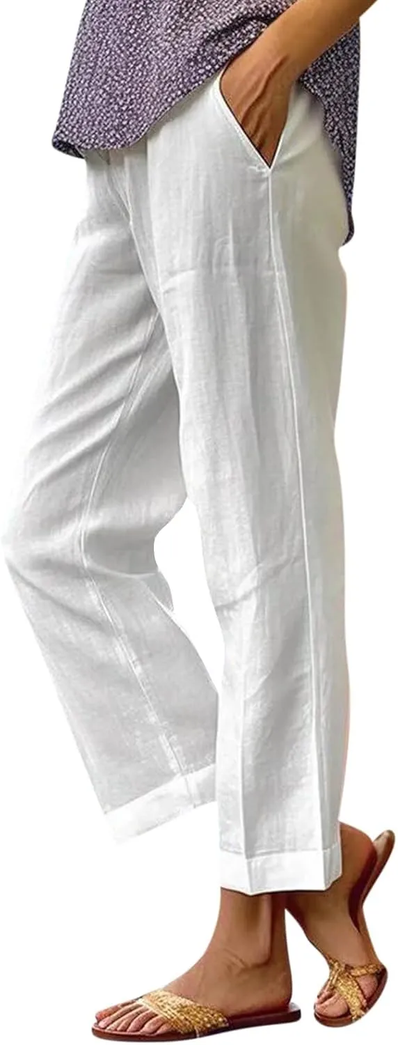 Womens Linen Pants with Pockets Elastic High Waist Straight Leg Pant Plus Casua Lightweight Summer Comfort Trousers