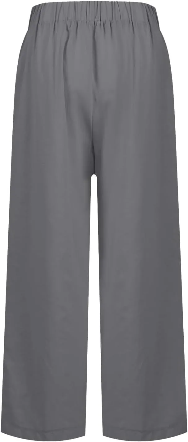Womens Linen Pants with Pockets Elastic High Waist Straight Leg Pant Plus Casua Lightweight Summer Comfort Trousers