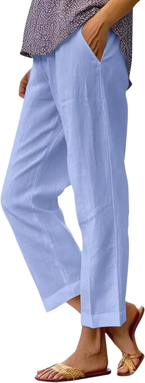 Womens Linen Pants with Pockets Elastic High Waist Straight Leg Pant Plus Casua Lightweight Summer Comfort Trousers