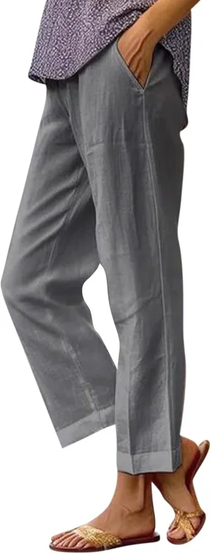 Womens Linen Pants with Pockets Elastic High Waist Straight Leg Pant Plus Casua Lightweight Summer Comfort Trousers