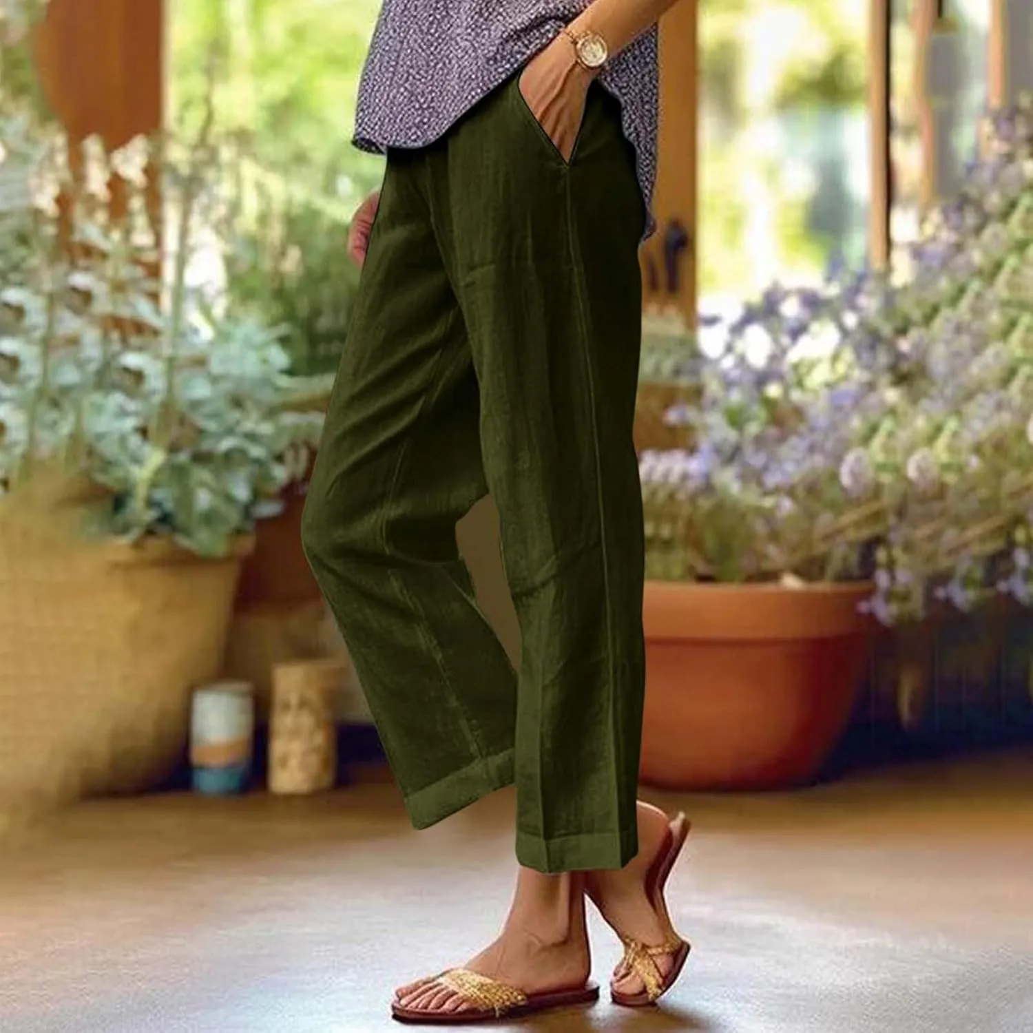 Womens Linen Pants with Pockets Elastic High Waist Straight Leg Pant Plus Casua Lightweight Summer Comfort Trousers