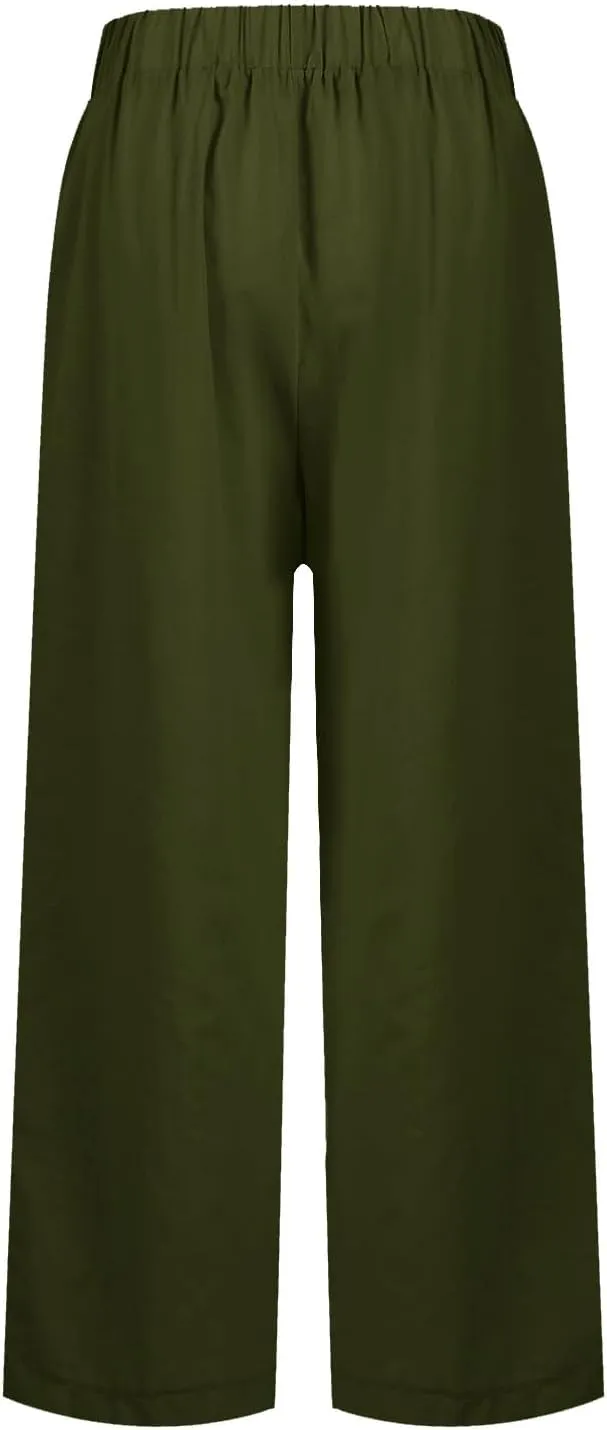 Womens Linen Pants with Pockets Elastic High Waist Straight Leg Pant Plus Casua Lightweight Summer Comfort Trousers