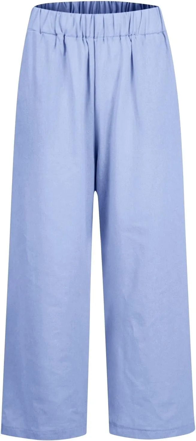 Womens Linen Pants with Pockets Elastic High Waist Straight Leg Pant Plus Casua Lightweight Summer Comfort Trousers