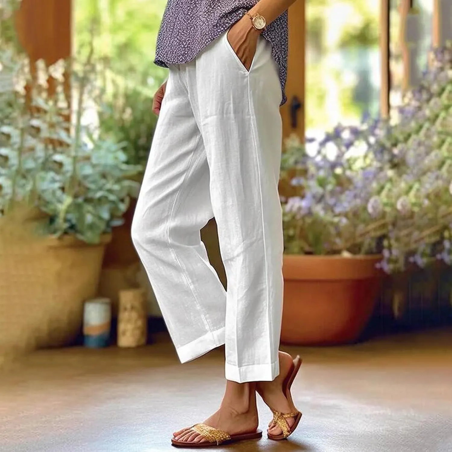Womens Linen Pants with Pockets Elastic High Waist Straight Leg Pant Plus Casua Lightweight Summer Comfort Trousers