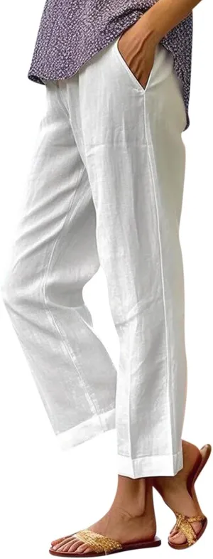 Womens Linen Pants with Pockets Elastic High Waist Straight Leg Pant Plus Casua Lightweight Summer Comfort Trousers