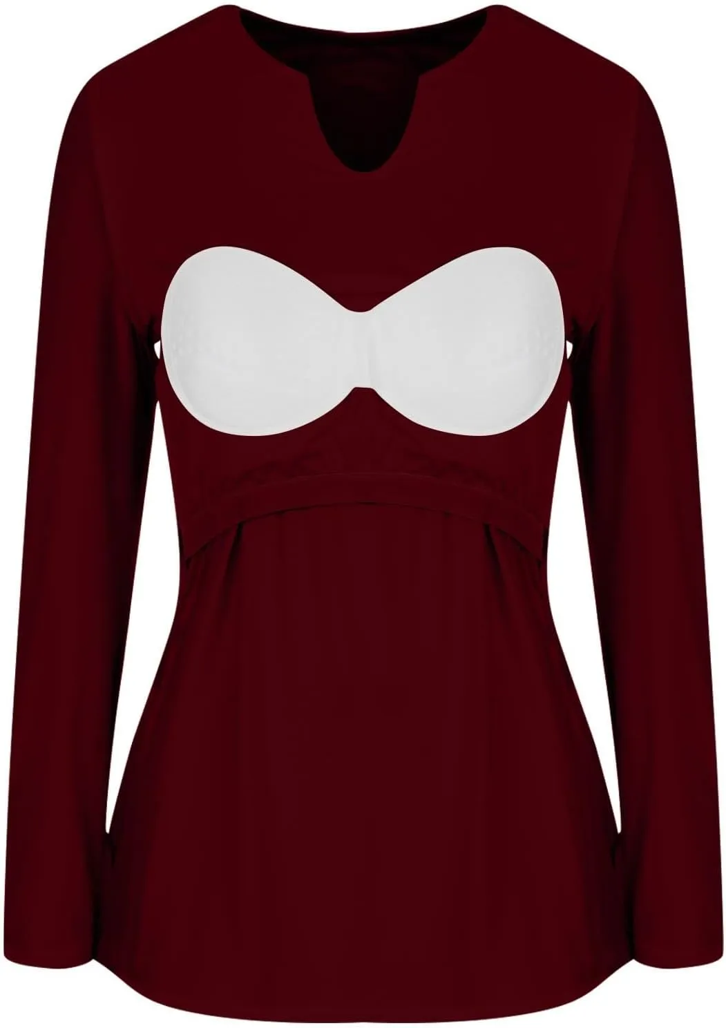 Womens Long Sleeve Shirts with Built in Bra Casual Basic Padded Scrubs Tops Plain Notch V Neck Undershirt Blouse