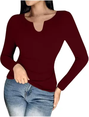 Womens Long Sleeve Shirts with Built in Bra Casual Basic Padded Scrubs Tops Plain Notch V Neck Undershirt Blouse