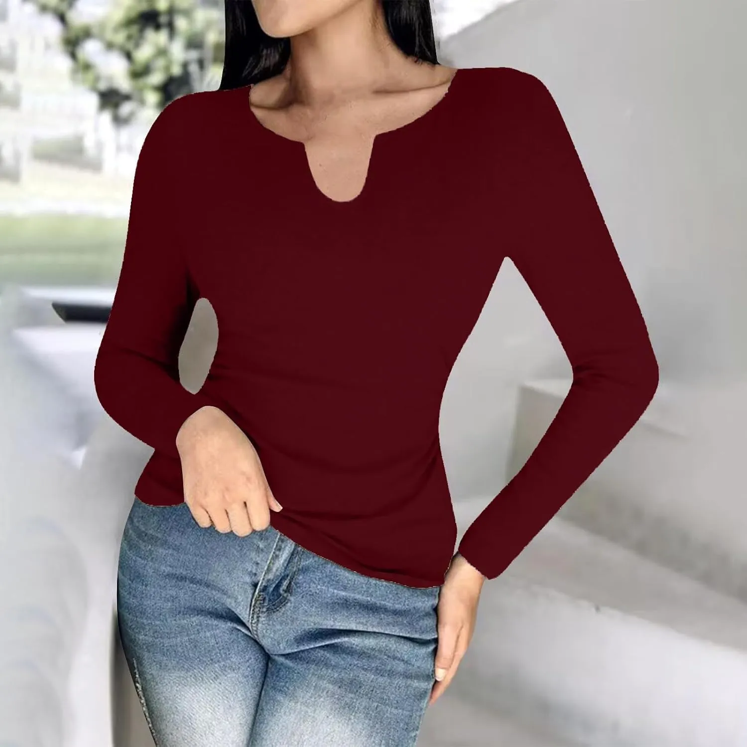 Womens Long Sleeve Shirts with Built in Bra Casual Basic Padded Scrubs Tops Plain Notch V Neck Undershirt Blouse