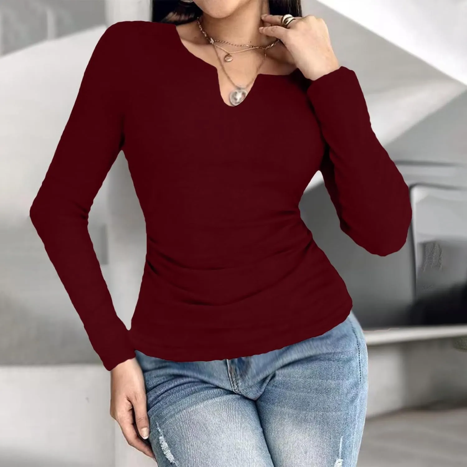 Womens Long Sleeve Shirts with Built in Bra Casual Basic Padded Scrubs Tops Plain Notch V Neck Undershirt Blouse