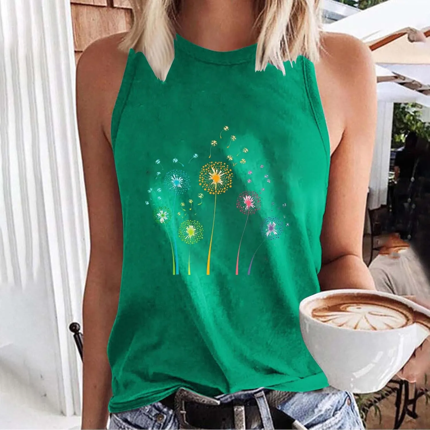 Womens Loose Casual Flowy Tank Tops Trendy Sleeveless Printed Solid Color Crewneck Outfits 2025 Vacation Summer Tank