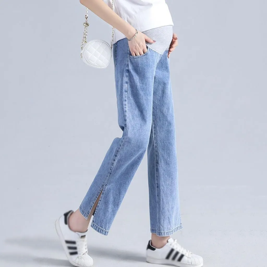 Women's Maternity Jeans Over Belly Comfy Soft Loose Pregnancy Lounge Straight Leg Trousers with Pockets
