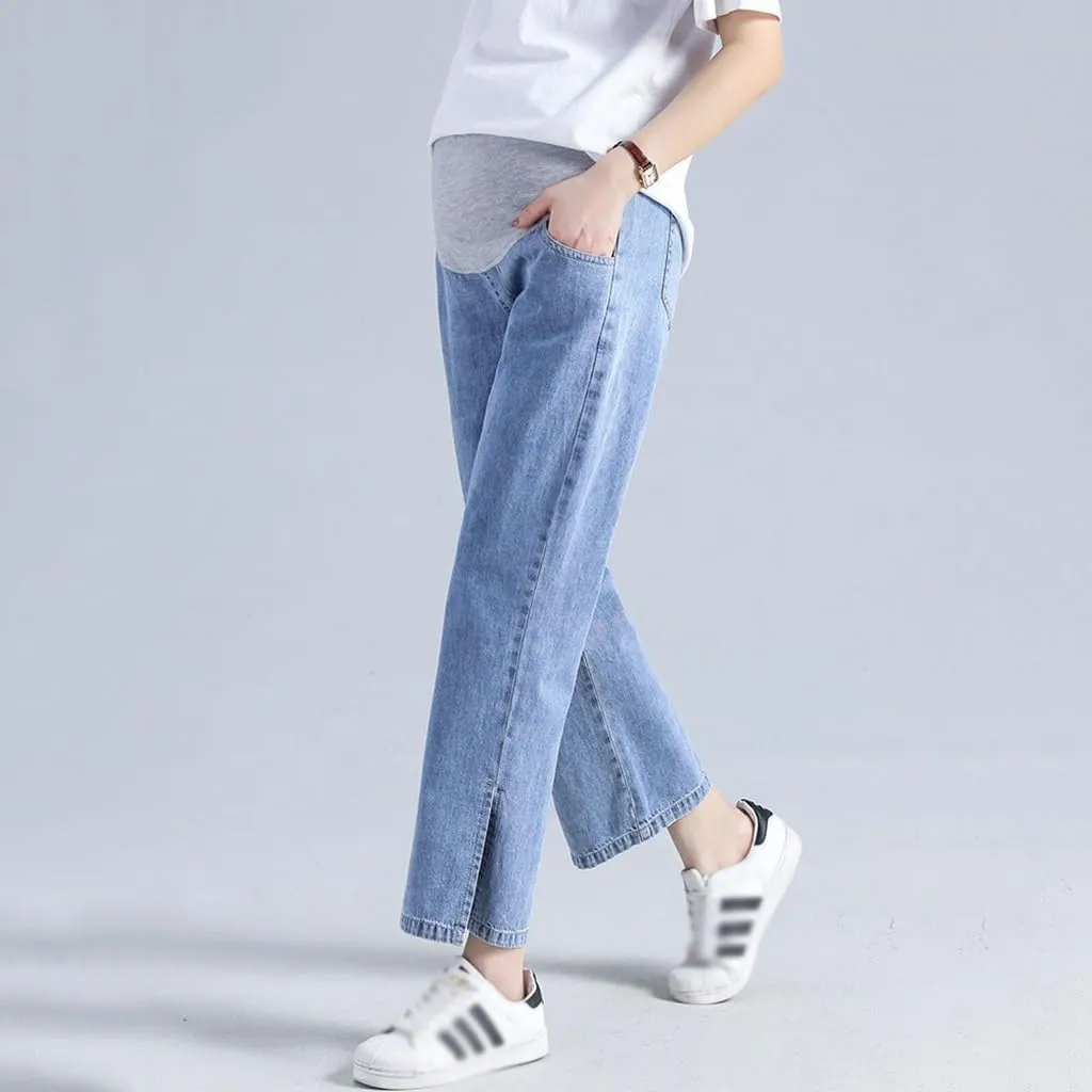 Women's Maternity Jeans Over Belly Comfy Soft Loose Pregnancy Lounge Straight Leg Trousers with Pockets