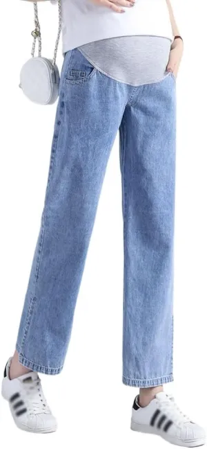 Women's Maternity Jeans Over Belly Comfy Soft Loose Pregnancy Lounge Straight Leg Trousers with Pockets