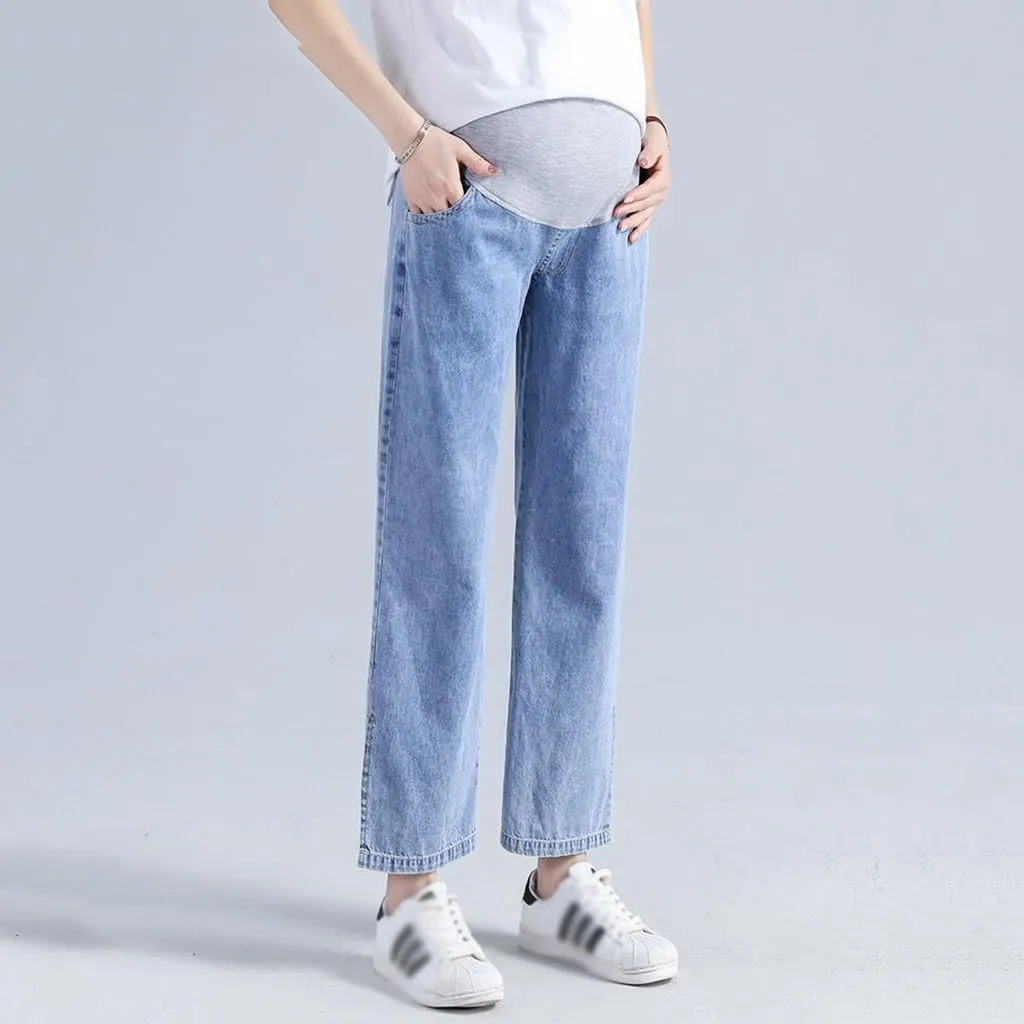 Women's Maternity Jeans Over Belly Comfy Soft Loose Pregnancy Lounge Straight Leg Trousers with Pockets