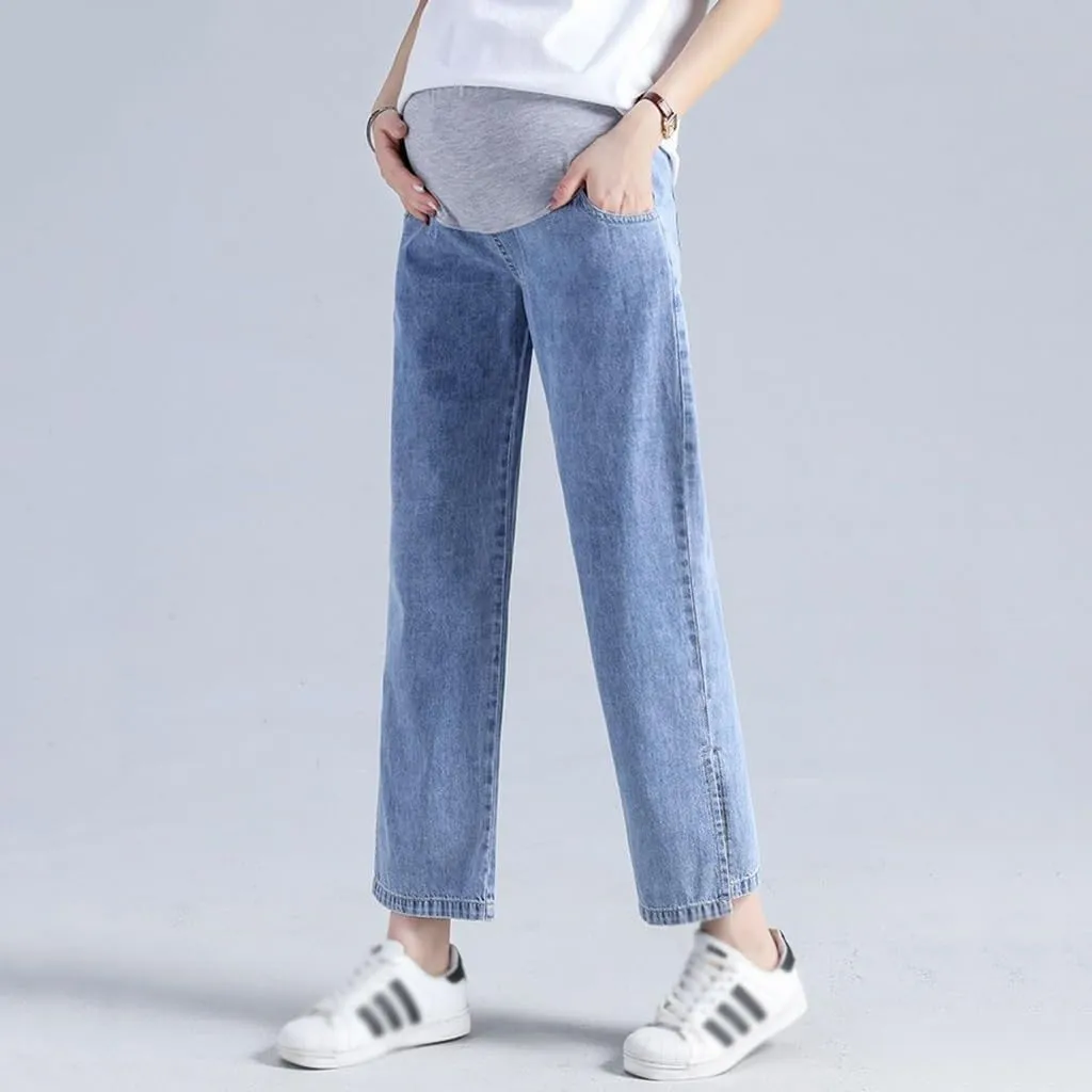 Women's Maternity Jeans Over Belly Comfy Soft Loose Pregnancy Lounge Straight Leg Trousers with Pockets