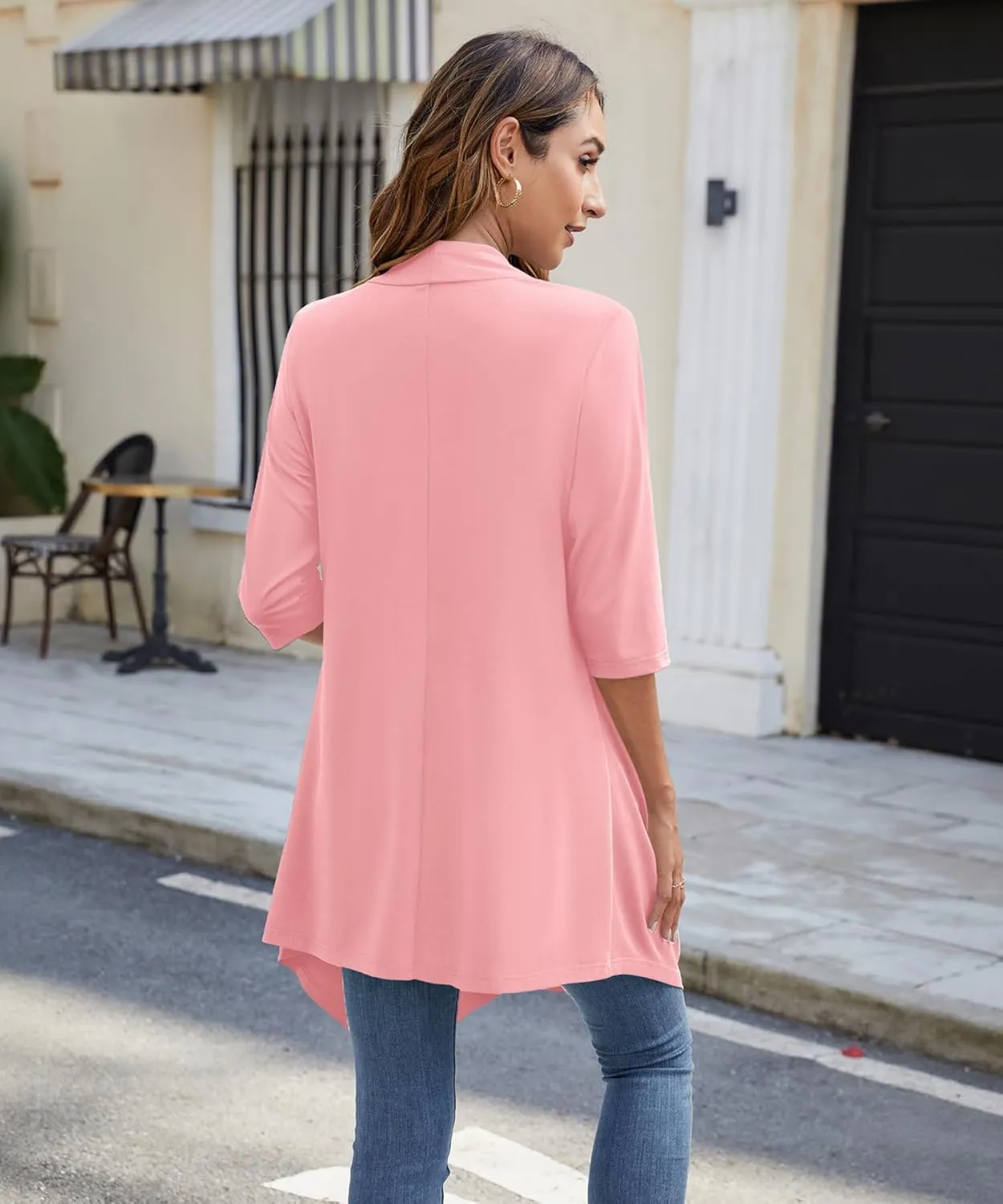 Women's Open Front Cardigan Lightweight Soft Knit 3/4 Sleeve High-Low Draped Hem Loose Casual Duster