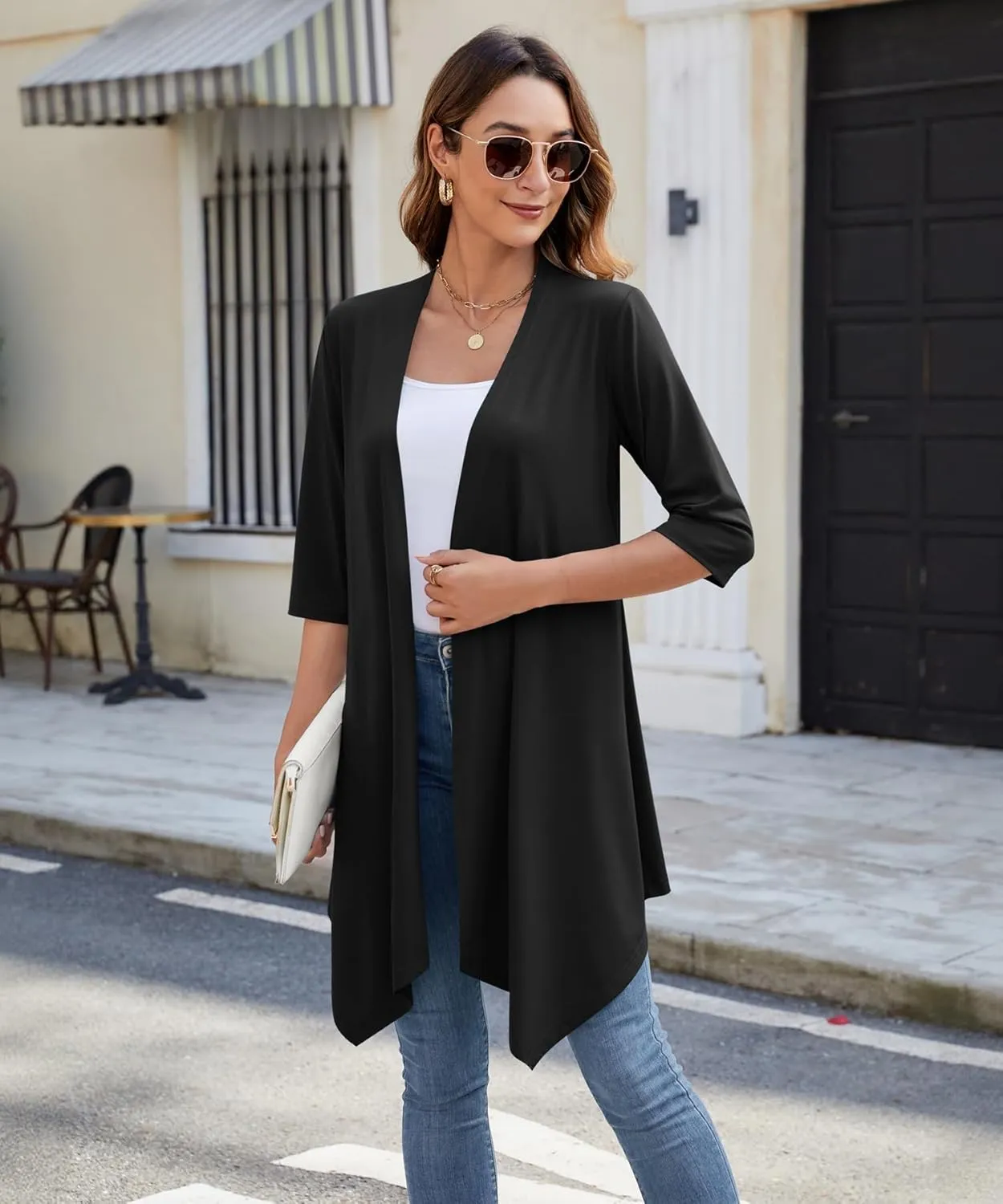 Women's Open Front Cardigan Lightweight Soft Knit 3/4 Sleeve High-Low Draped Hem Loose Casual Duster