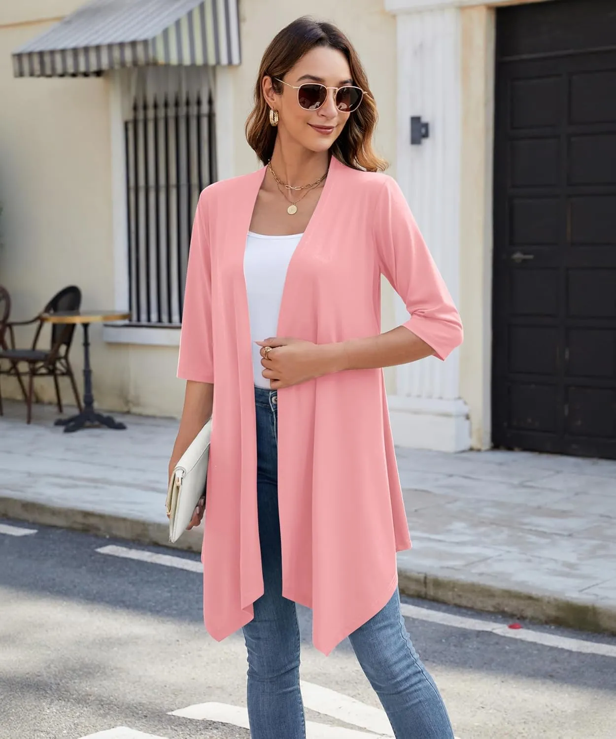 Women's Open Front Cardigan Lightweight Soft Knit 3/4 Sleeve High-Low Draped Hem Loose Casual Duster