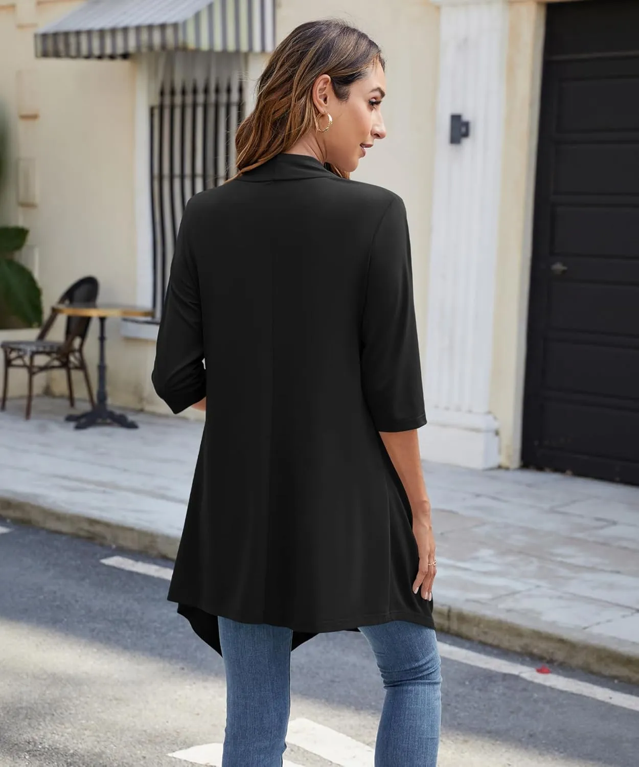 Women's Open Front Cardigan Lightweight Soft Knit 3/4 Sleeve High-Low Draped Hem Loose Casual Duster