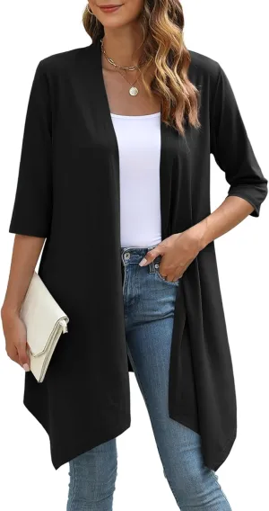 Women's Open Front Cardigan Lightweight Soft Knit 3/4 Sleeve High-Low Draped Hem Loose Casual Duster