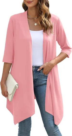 Women's Open Front Cardigan Lightweight Soft Knit 3/4 Sleeve High-Low Draped Hem Loose Casual Duster