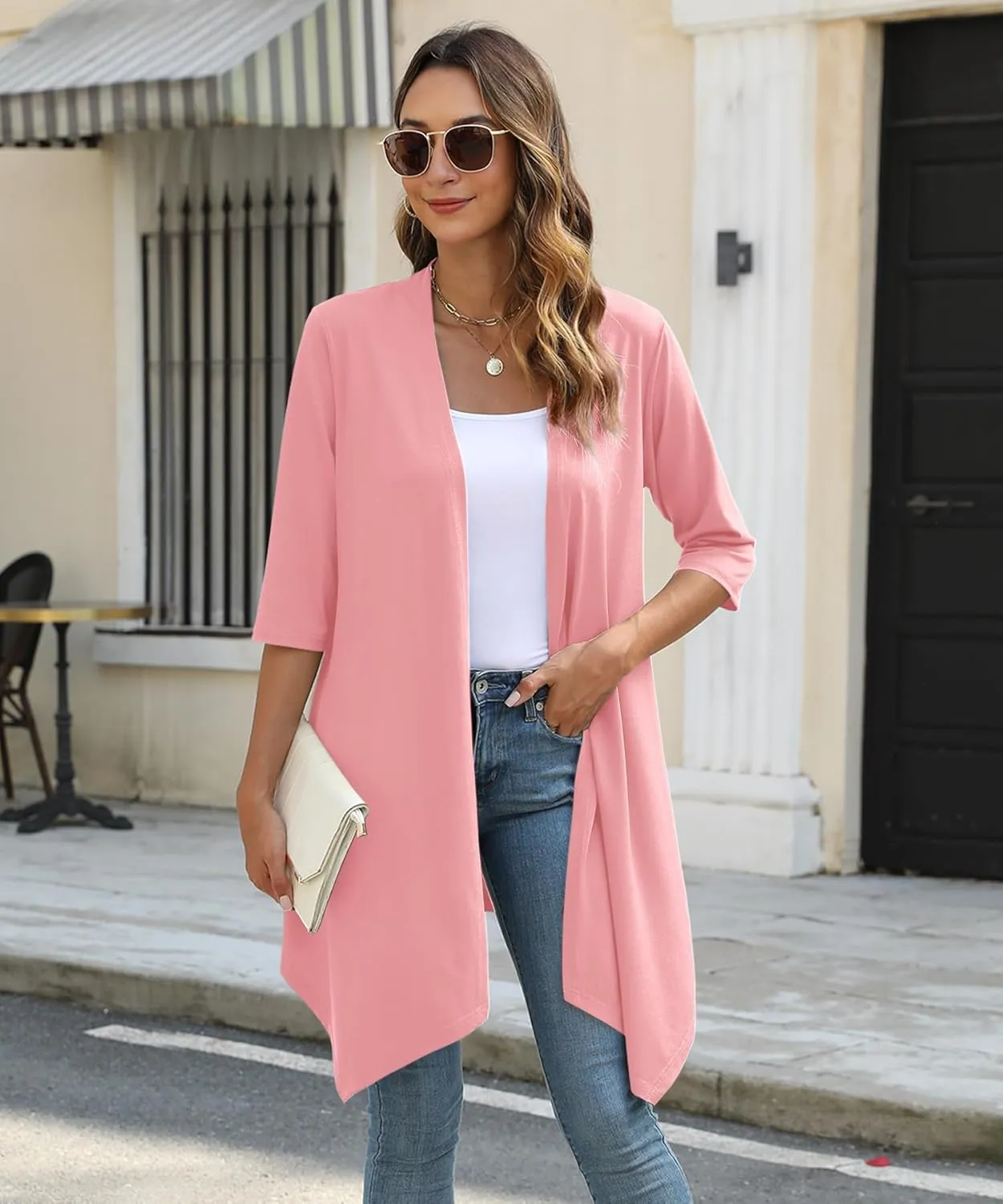 Women's Open Front Cardigan Lightweight Soft Knit 3/4 Sleeve High-Low Draped Hem Loose Casual Duster