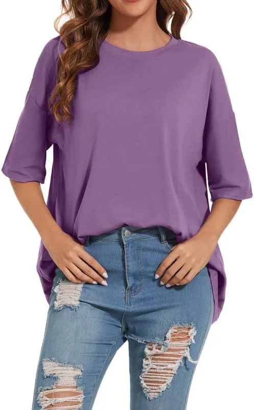 Women's Oversized T Shirts Round Neck Striped Tees Summer Half Sleeve Casual Comfy Cozy Cotton Tunic Tops