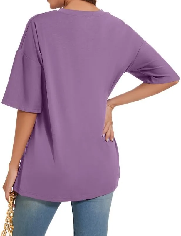 Women's Oversized T Shirts Round Neck Striped Tees Summer Half Sleeve Casual Comfy Cozy Cotton Tunic Tops