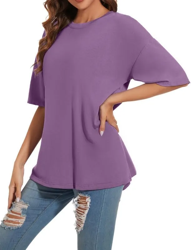 Women's Oversized T Shirts Round Neck Striped Tees Summer Half Sleeve Casual Comfy Cozy Cotton Tunic Tops