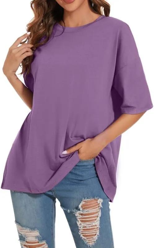 Women's Oversized T Shirts Round Neck Striped Tees Summer Half Sleeve Casual Comfy Cozy Cotton Tunic Tops
