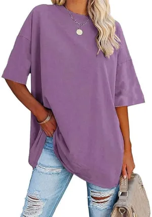 Women's Oversized T Shirts Round Neck Striped Tees Summer Half Sleeve Casual Comfy Cozy Cotton Tunic Tops