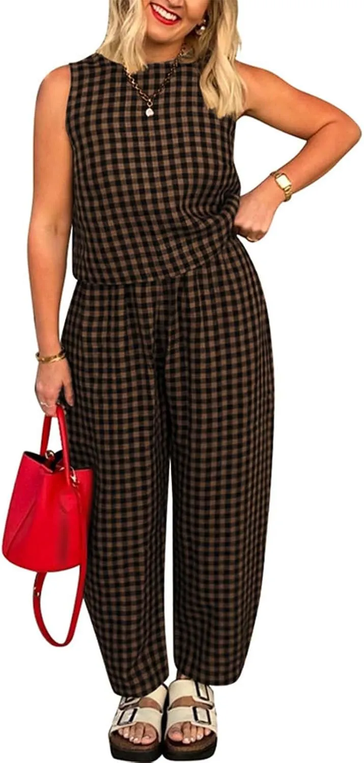 Womens Plaid 2 Pieces Lounge Pants Sets Y2K Sleeveless Gingham Crop Tank Top Outfits Baggy Wide Leg Barrel Loungewear Suits