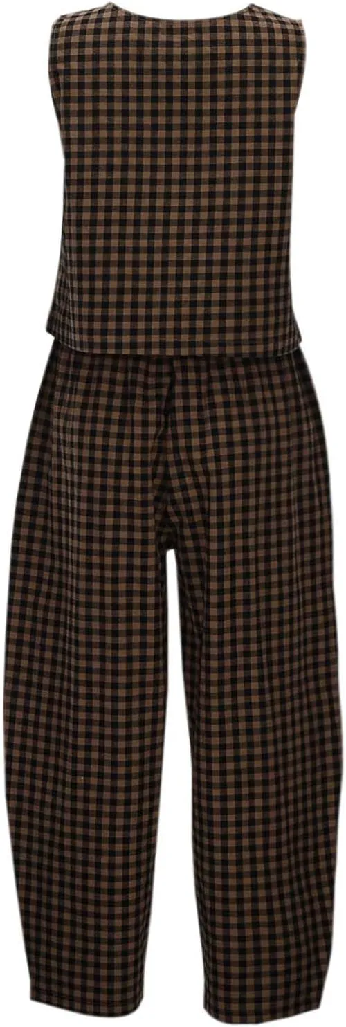 Womens Plaid 2 Pieces Lounge Pants Sets Y2K Sleeveless Gingham Crop Tank Top Outfits Baggy Wide Leg Barrel Loungewear Suits