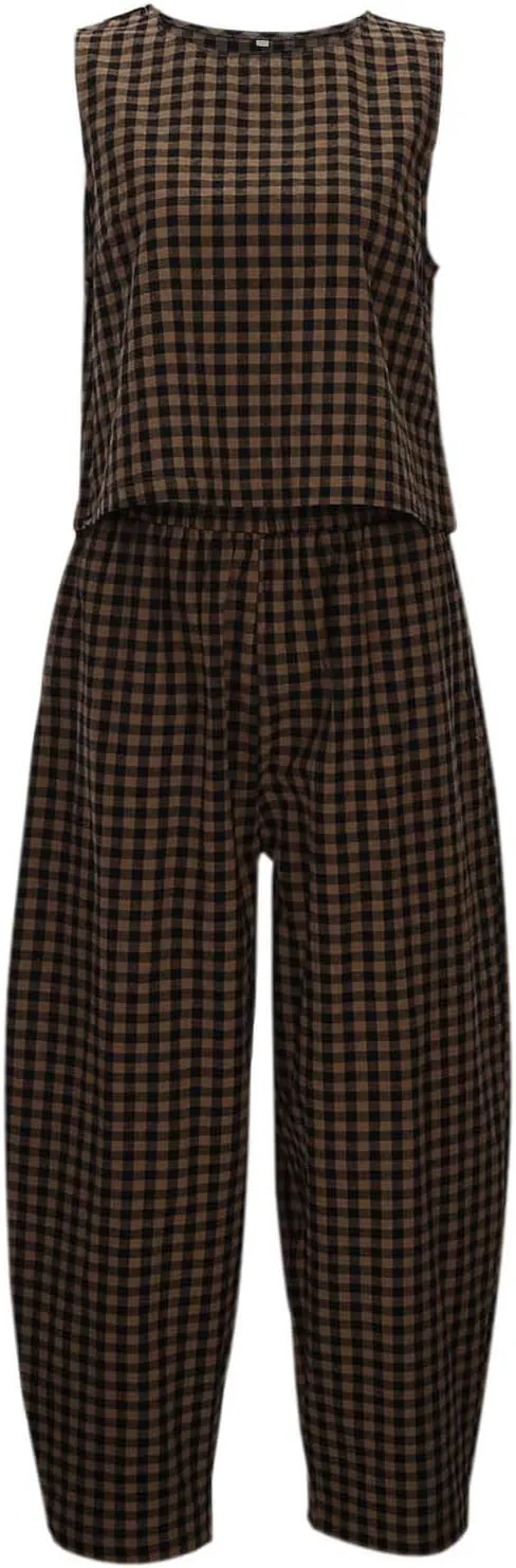 Womens Plaid 2 Pieces Lounge Pants Sets Y2K Sleeveless Gingham Crop Tank Top Outfits Baggy Wide Leg Barrel Loungewear Suits