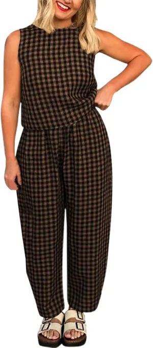 Womens Plaid 2 Pieces Lounge Pants Sets Y2K Sleeveless Gingham Crop Tank Top Outfits Baggy Wide Leg Barrel Loungewear Suits