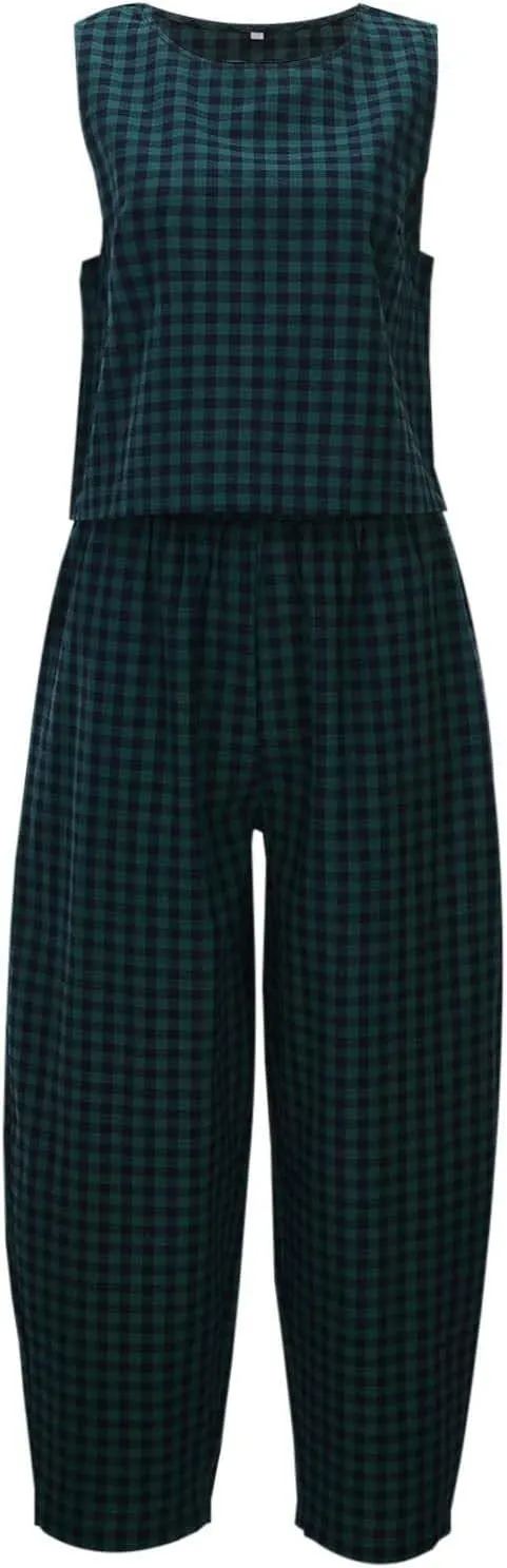Womens Plaid 2 Pieces Lounge Pants Sets Y2K Sleeveless Gingham Crop Tank Top Outfits Baggy Wide Leg Barrel Loungewear Suits