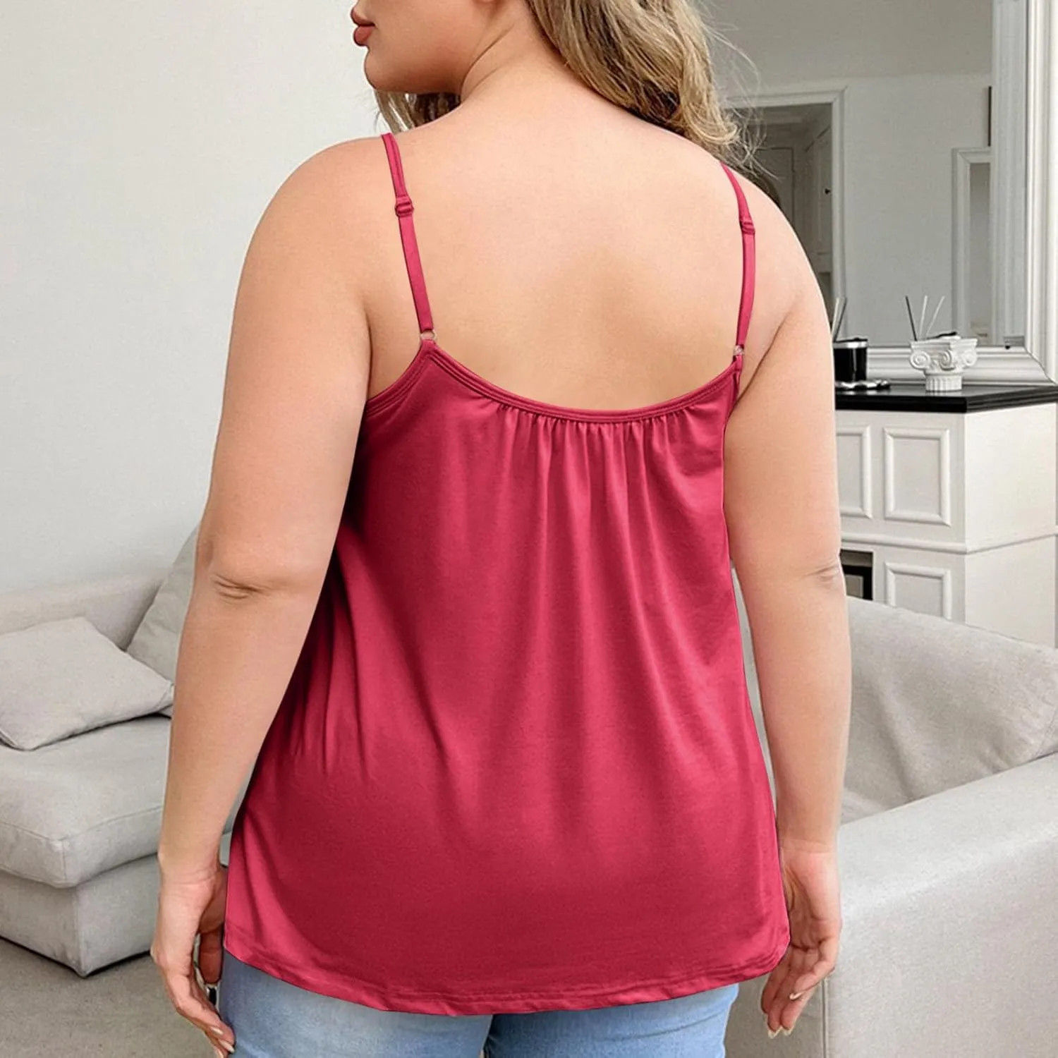 Women's Plus Size Tank Tops with Built in Bras 2025 Summer Casual Loose Fit Tunic Cami Spaghetti Strap Blouses