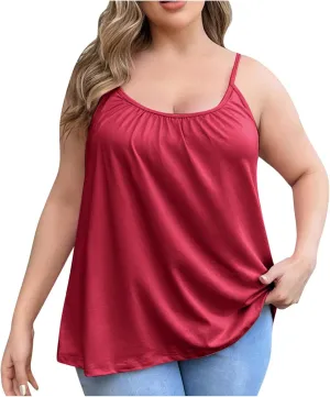 Women's Plus Size Tank Tops with Built in Bras 2025 Summer Casual Loose Fit Tunic Cami Spaghetti Strap Blouses
